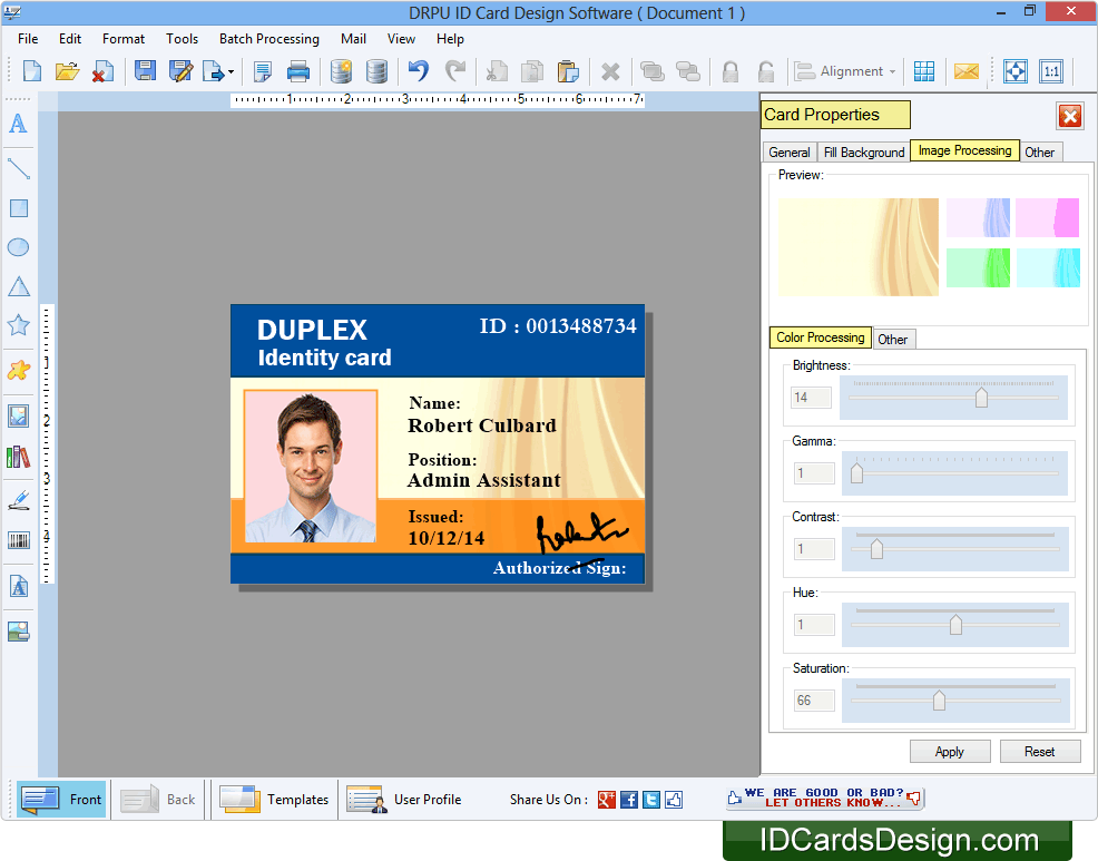 Screenshots of ID card design software to make identity cards and ID badges