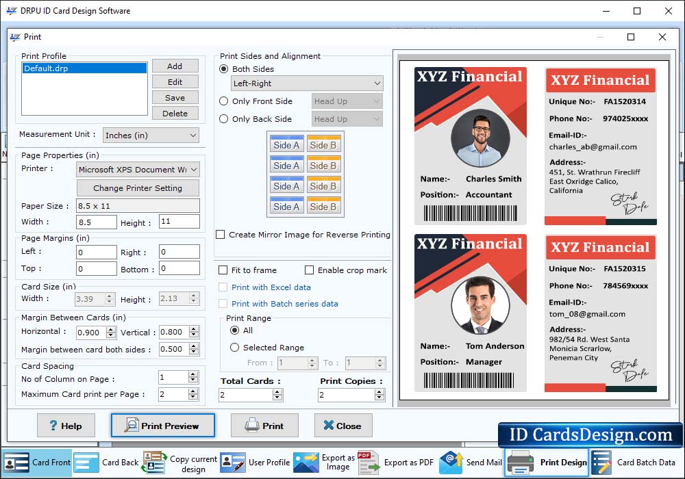 Print preview of designed ID card