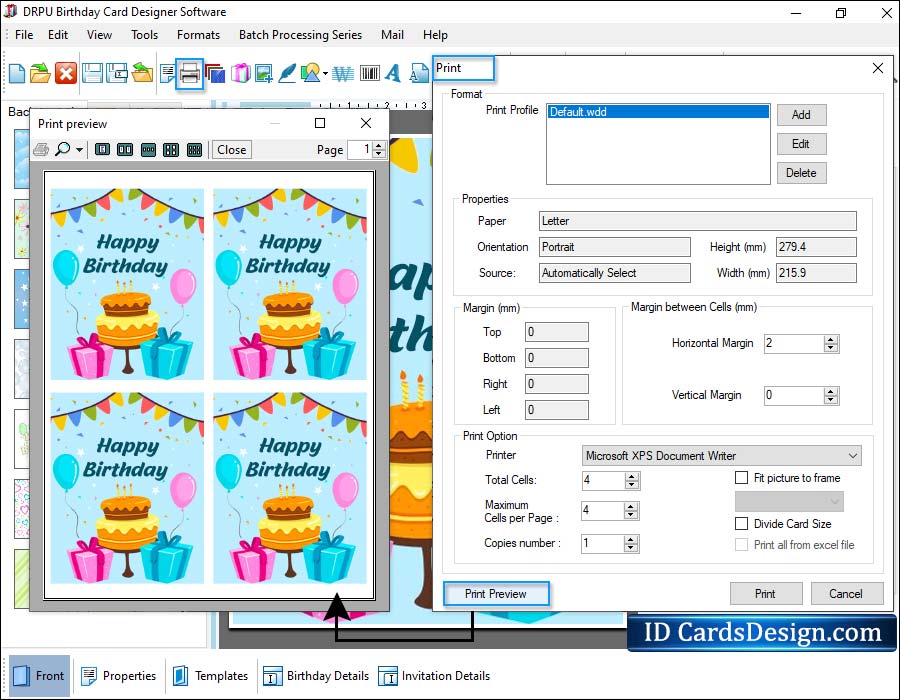 Print preview of designed birthday card