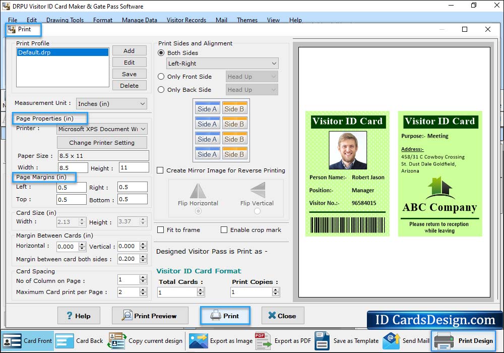 Print designed visitor id card